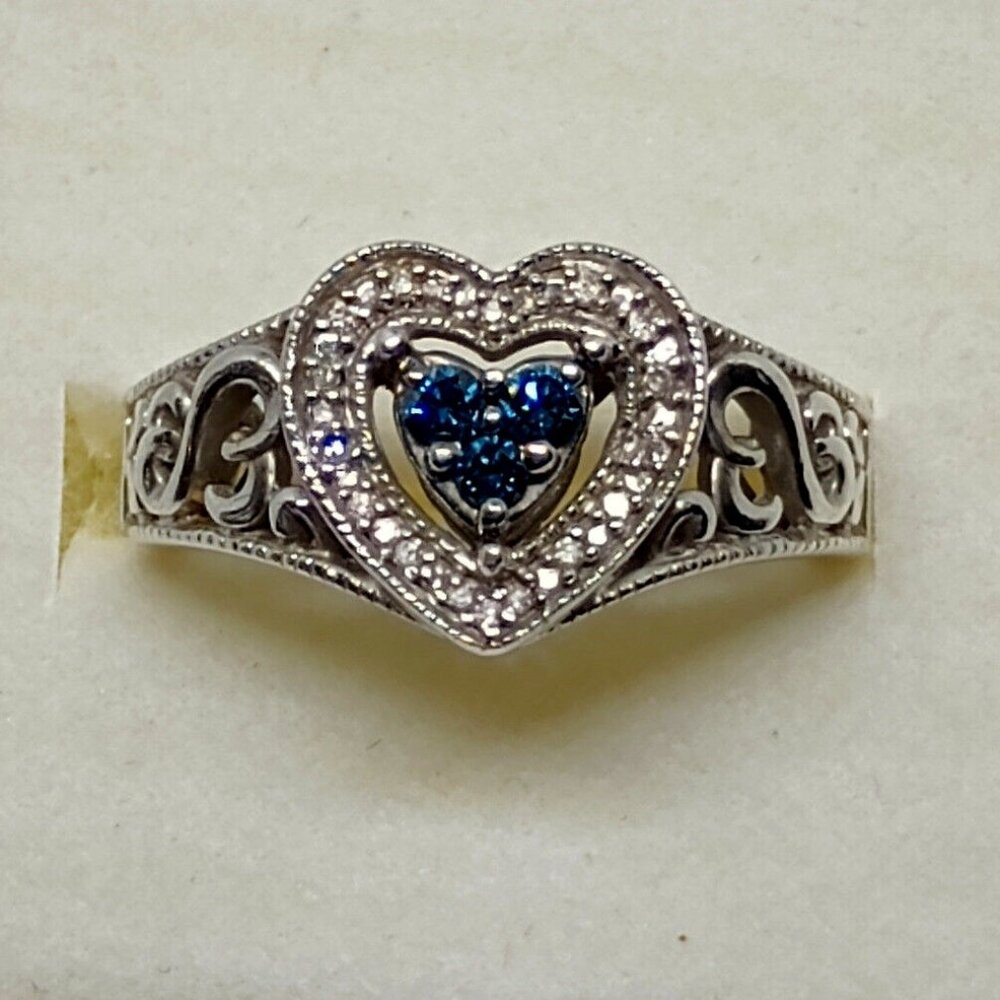 Sterling Silver Jane Seymour Open Heart Blue & White Diamond Ring SZ. 8